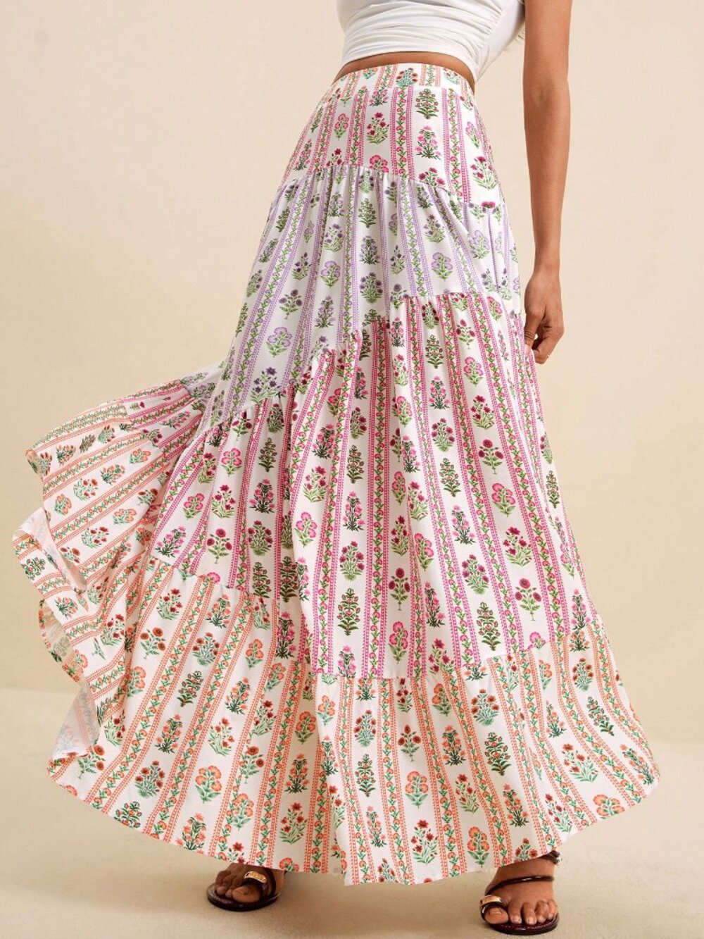 Multicolor Boho Women's Pleated High Waisted A Line Slit Maxi Skirt - Picture 7 of 9